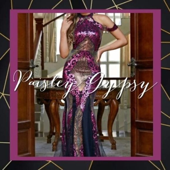 MULTICOLOR PLANTS PATTERN SEQUINED HALTER MERMAID GOWN - Picture 2 of 10